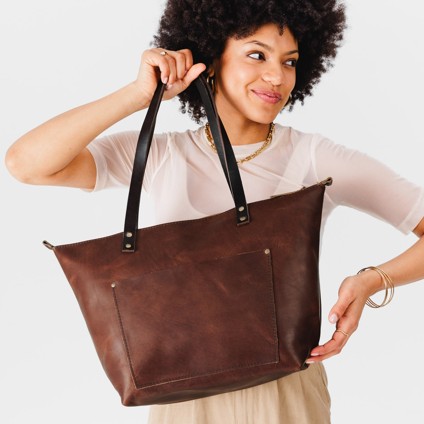 Leather Tote Bag with Exterior Pockets & Key Loop | Classic & Zipper Options
