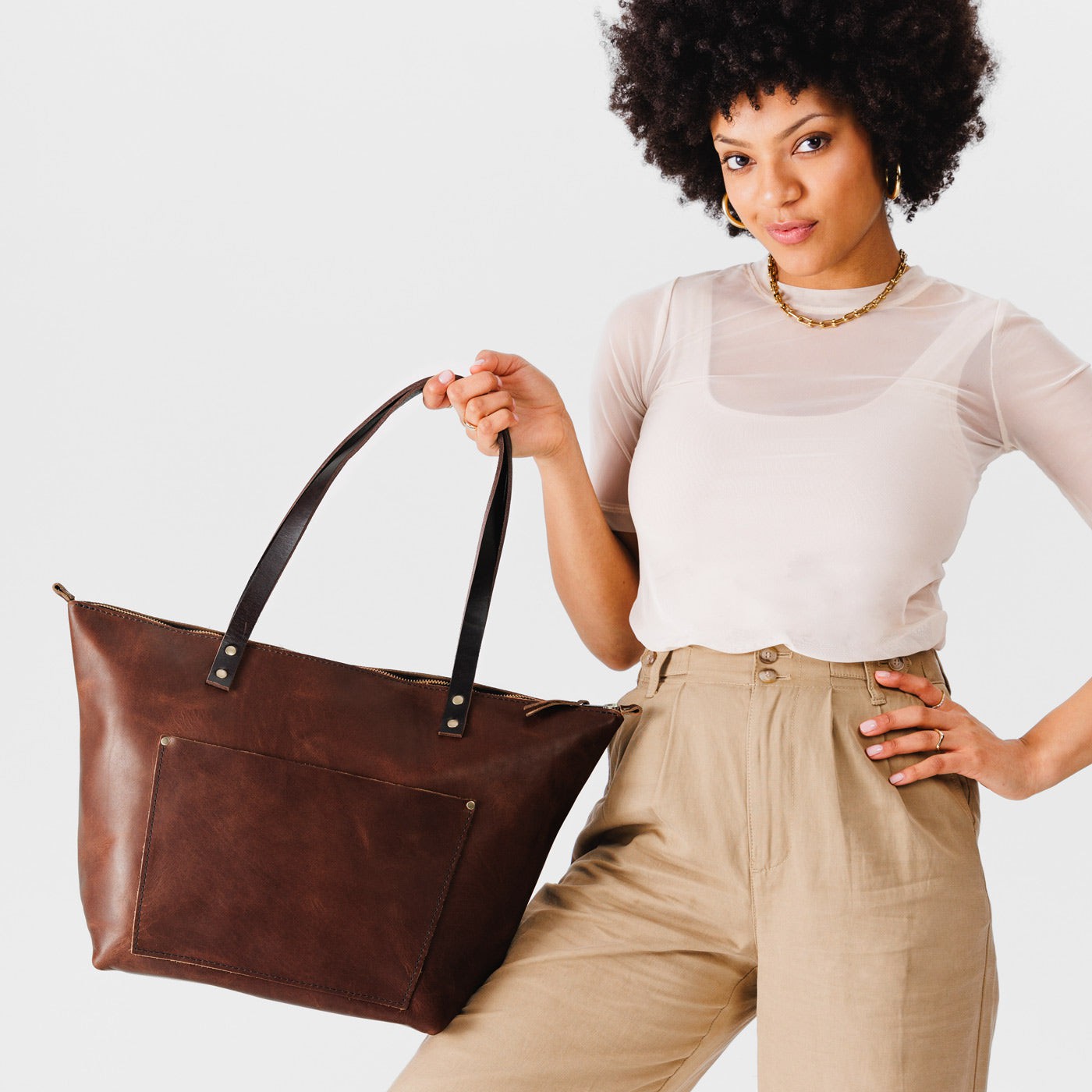 Leather Tote Bag with Exterior Pockets & Key Loop | Classic & Zipper Options