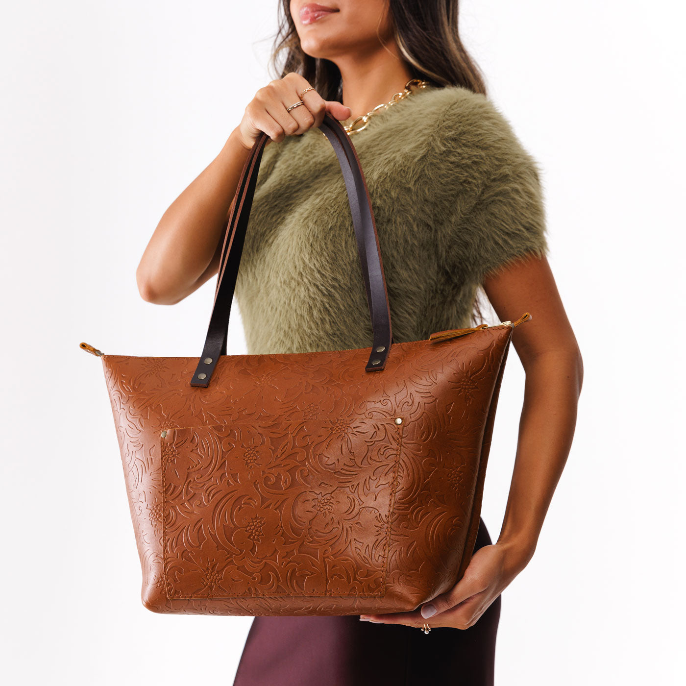 Leather Tote Bag with Exterior Pockets & Key Loop | Classic & Zipper Options