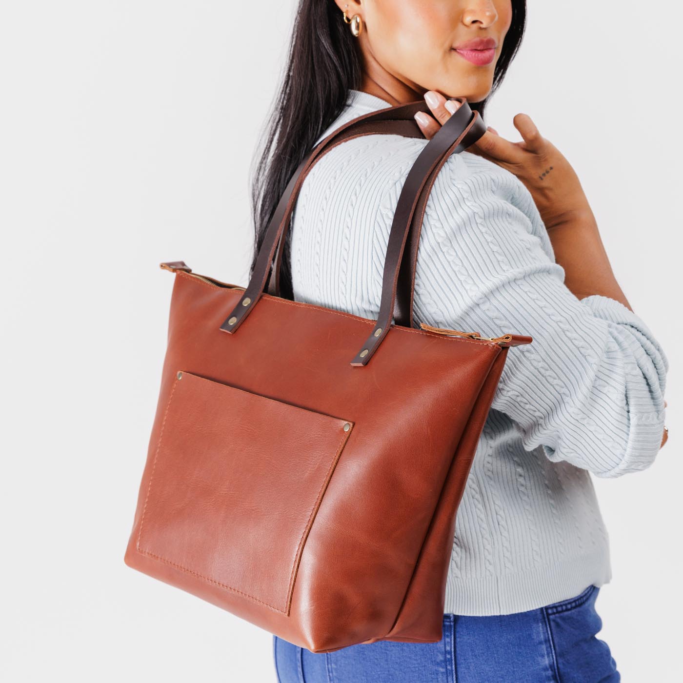 Leather Tote Bag with Exterior Pockets & Key Loop | Classic & Zipper Options