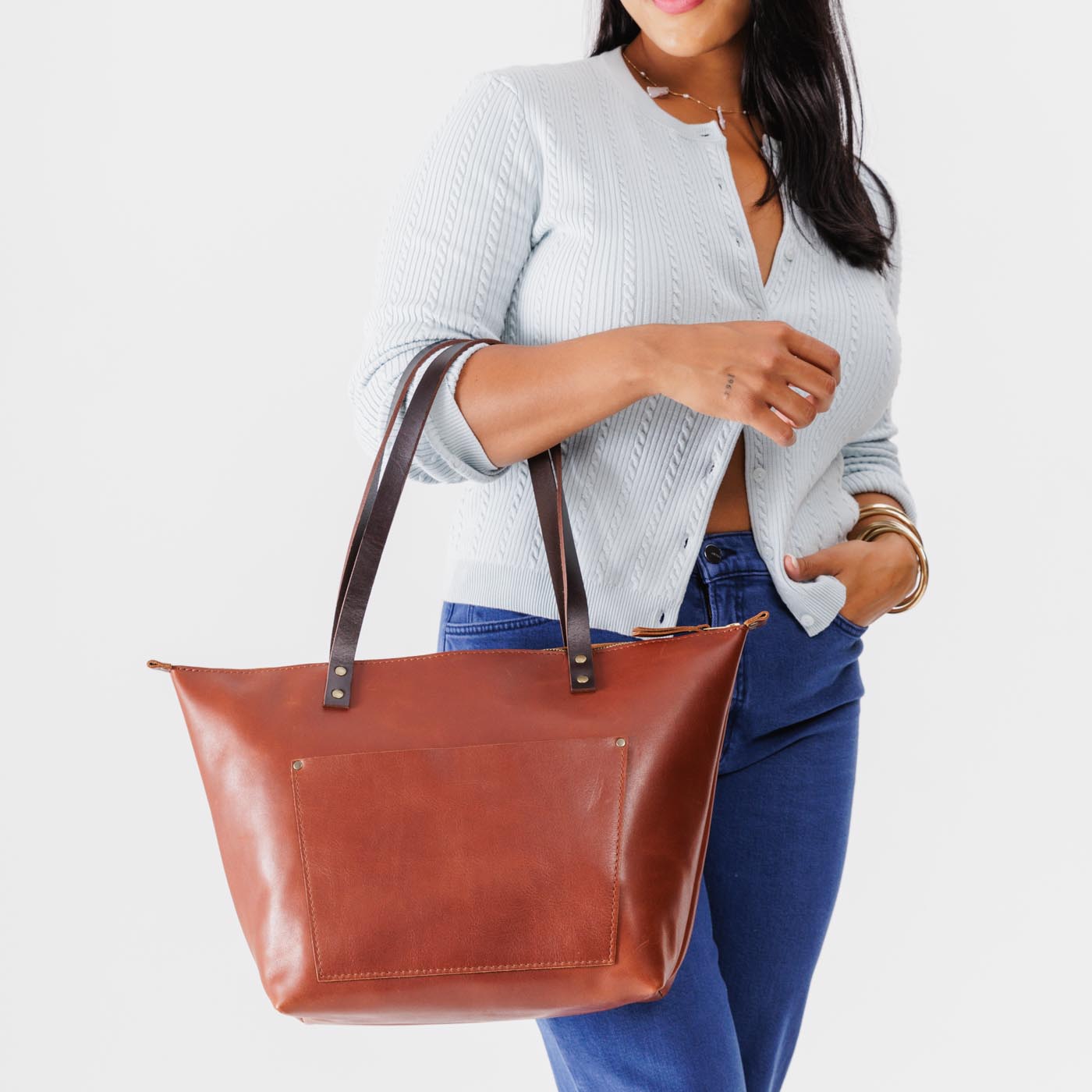 Leather Tote Bag with Exterior Pockets & Key Loop | Classic & Zipper Options