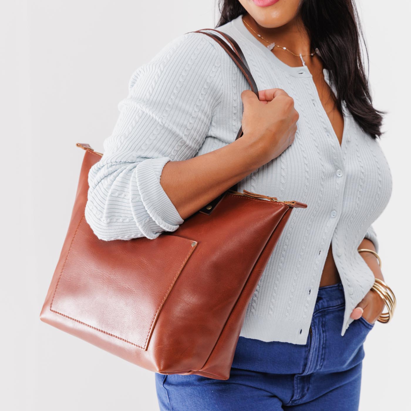 Leather Tote Bag with Exterior Pockets & Key Loop | Classic & Zipper Options