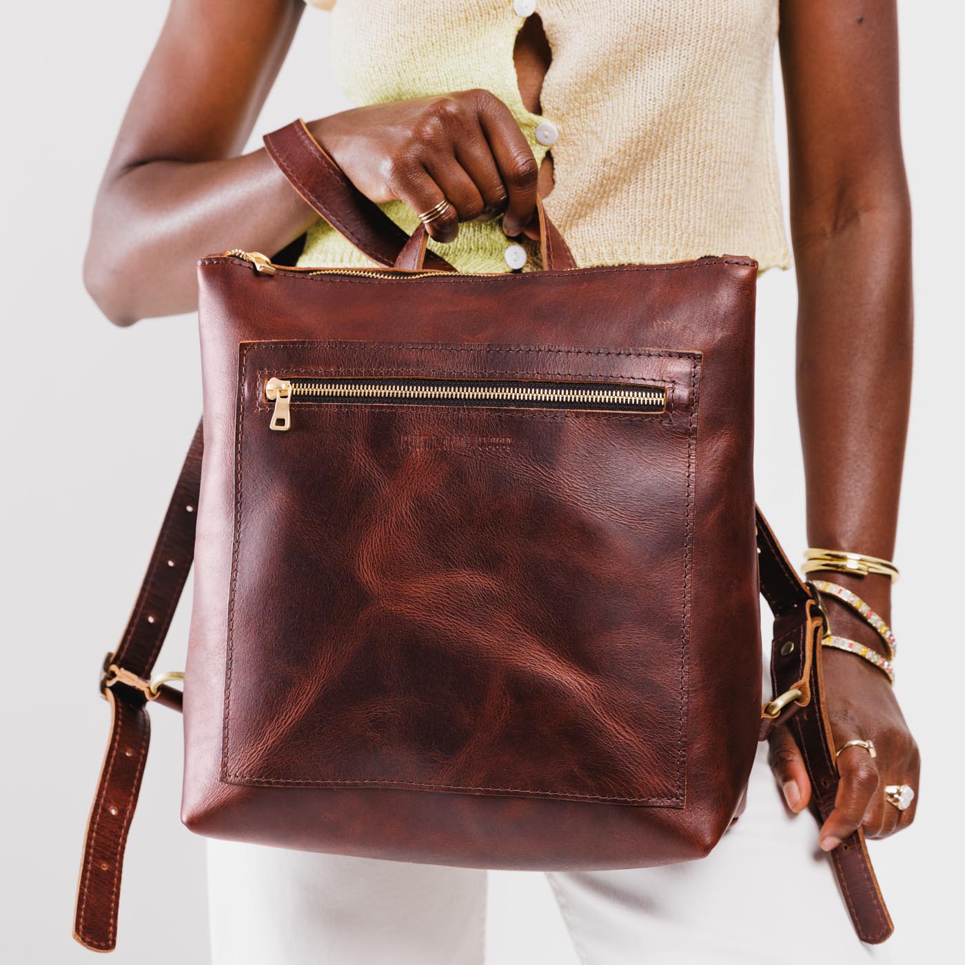 Full Grain Leather Tote Backpack with Zipper Pockets | Adjustable Straps