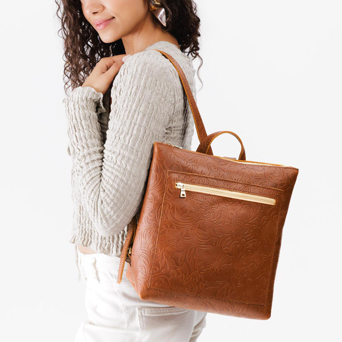 Full Grain Leather Tote Backpack with Zipper Pockets | Adjustable Straps