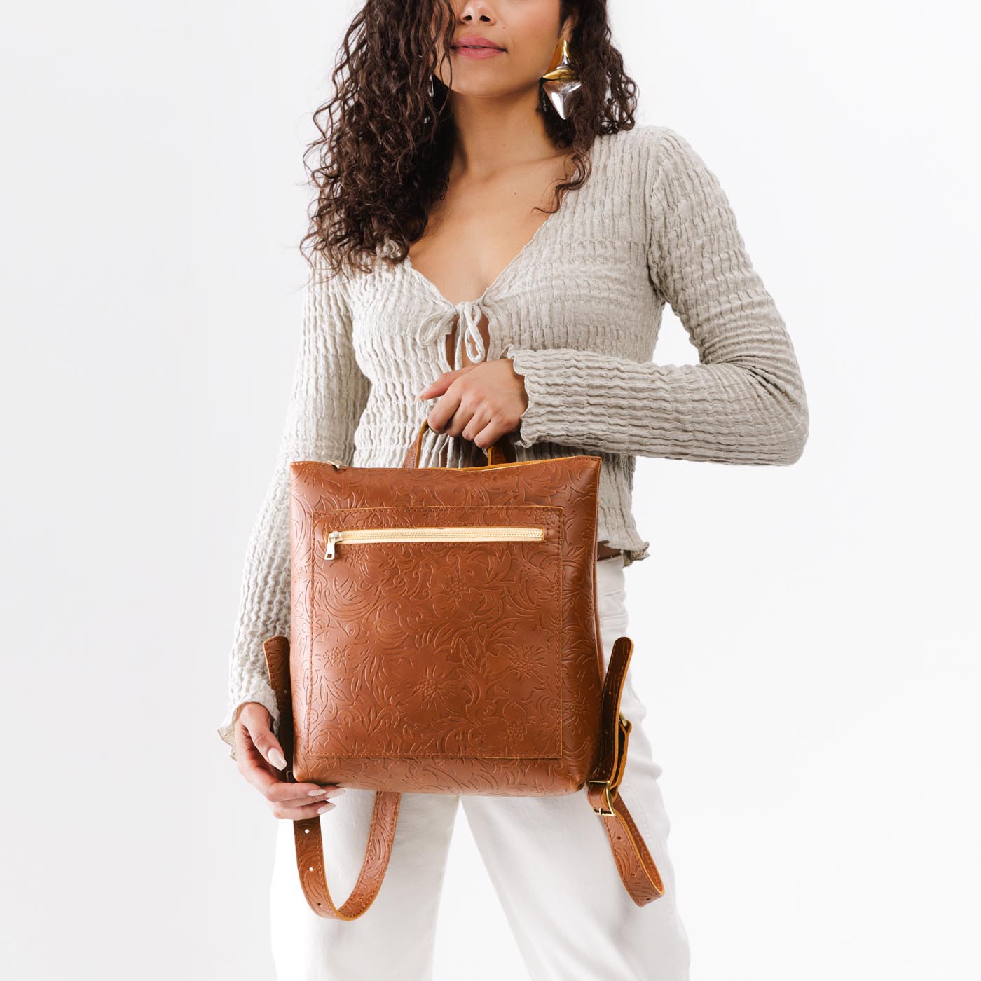 Full Grain Leather Tote Backpack with Zipper Pockets | Adjustable Straps