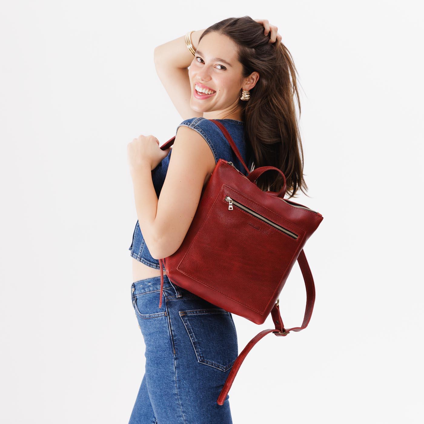 Full Grain Leather Tote Backpack with Zipper Pockets | Adjustable Straps