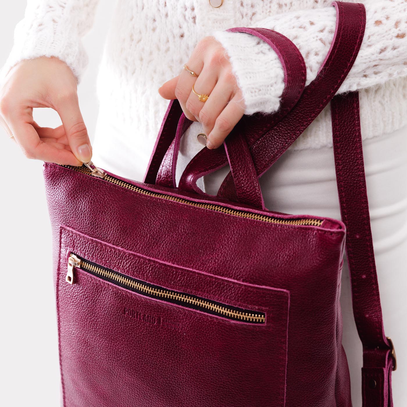 Full Grain Leather Tote Backpack with Zipper Pockets | Adjustable Straps