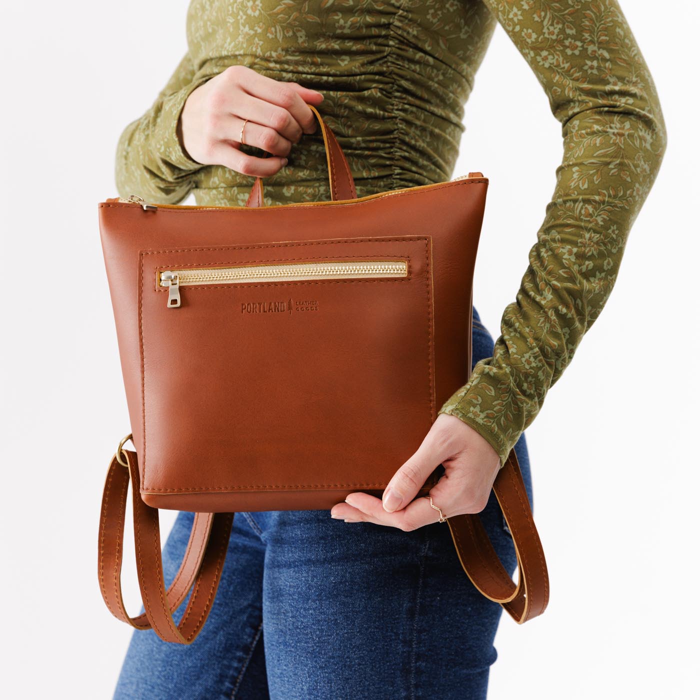 Full Grain Leather Tote Backpack with Zipper Pockets | Adjustable Straps