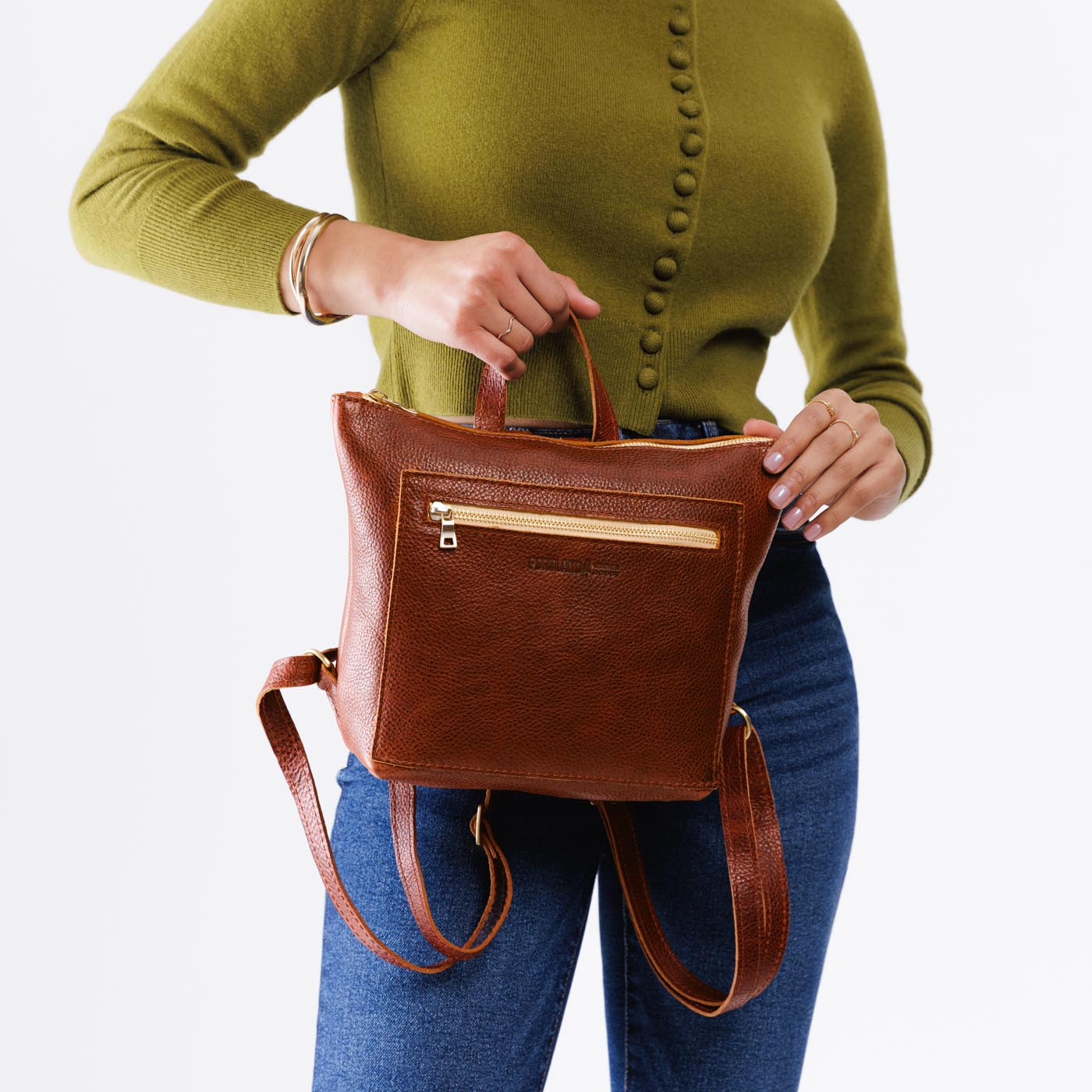 Full Grain Leather Tote Backpack with Zipper Pockets | Adjustable Straps