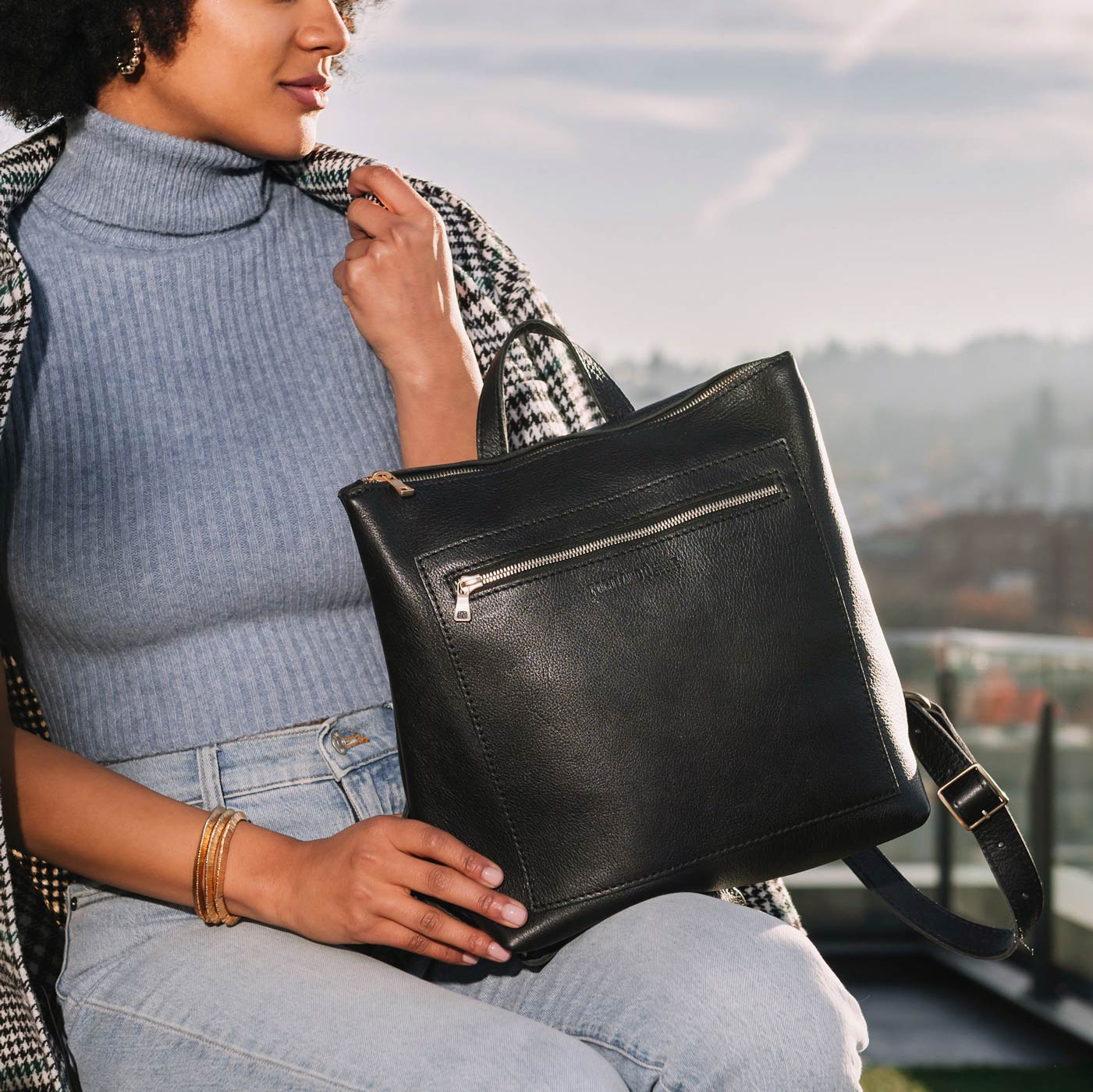Full Grain Leather Tote Backpack with Zipper Pockets | Adjustable Straps