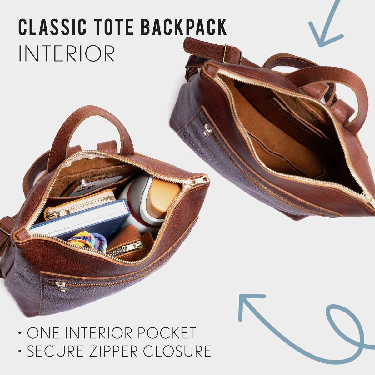 Full Grain Leather Tote Backpack with Zipper Pockets | Adjustable Straps