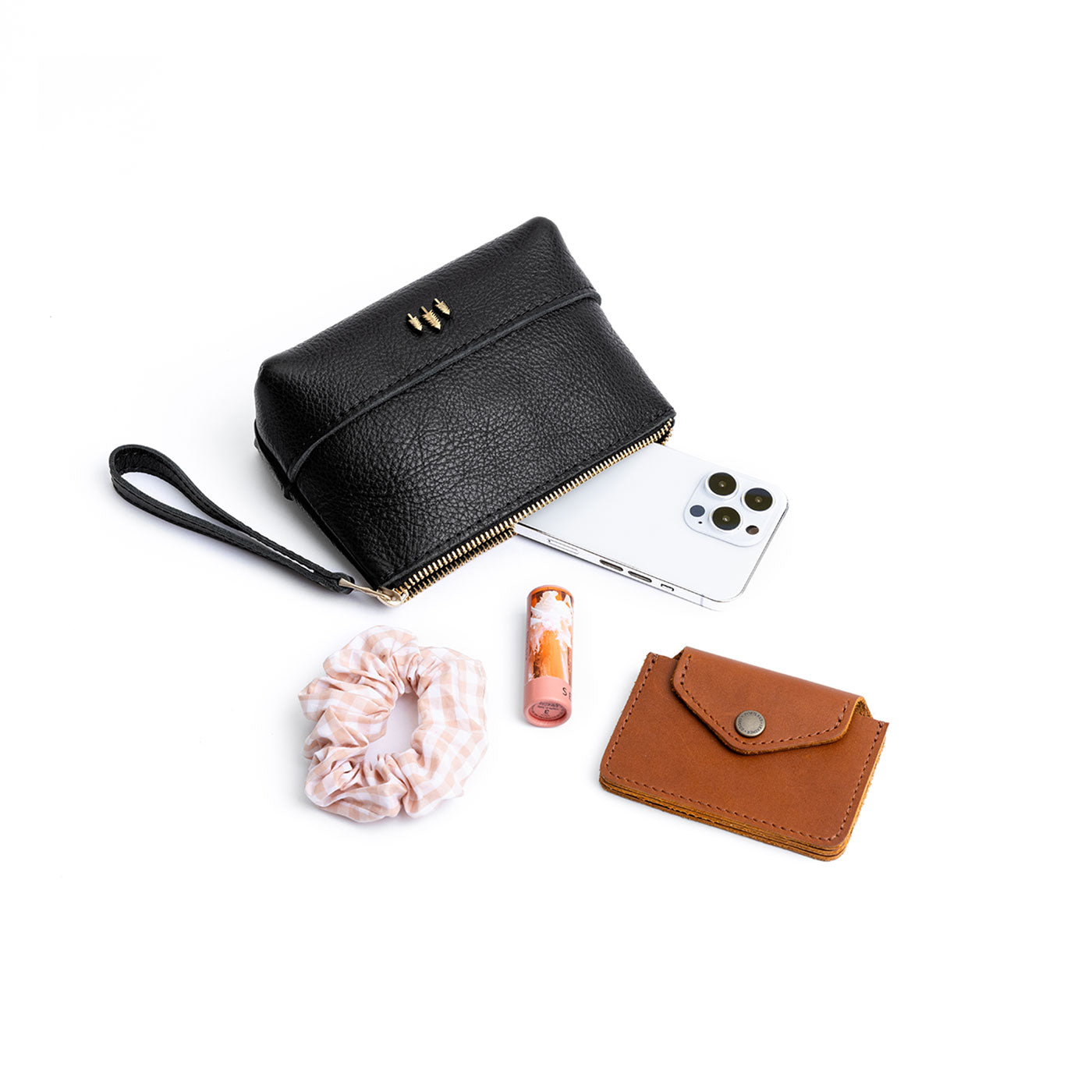 Leather Zipper Pouch with Wrist Strap & Flat Base | Almost Perfect Chelsea